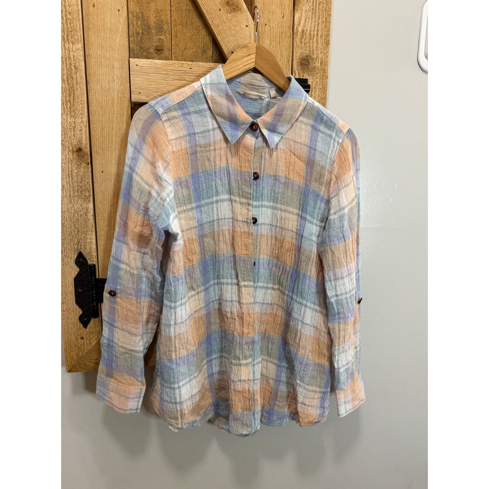 Soft Surroundings Womens Medium Linen Plaid Button Down Shirt